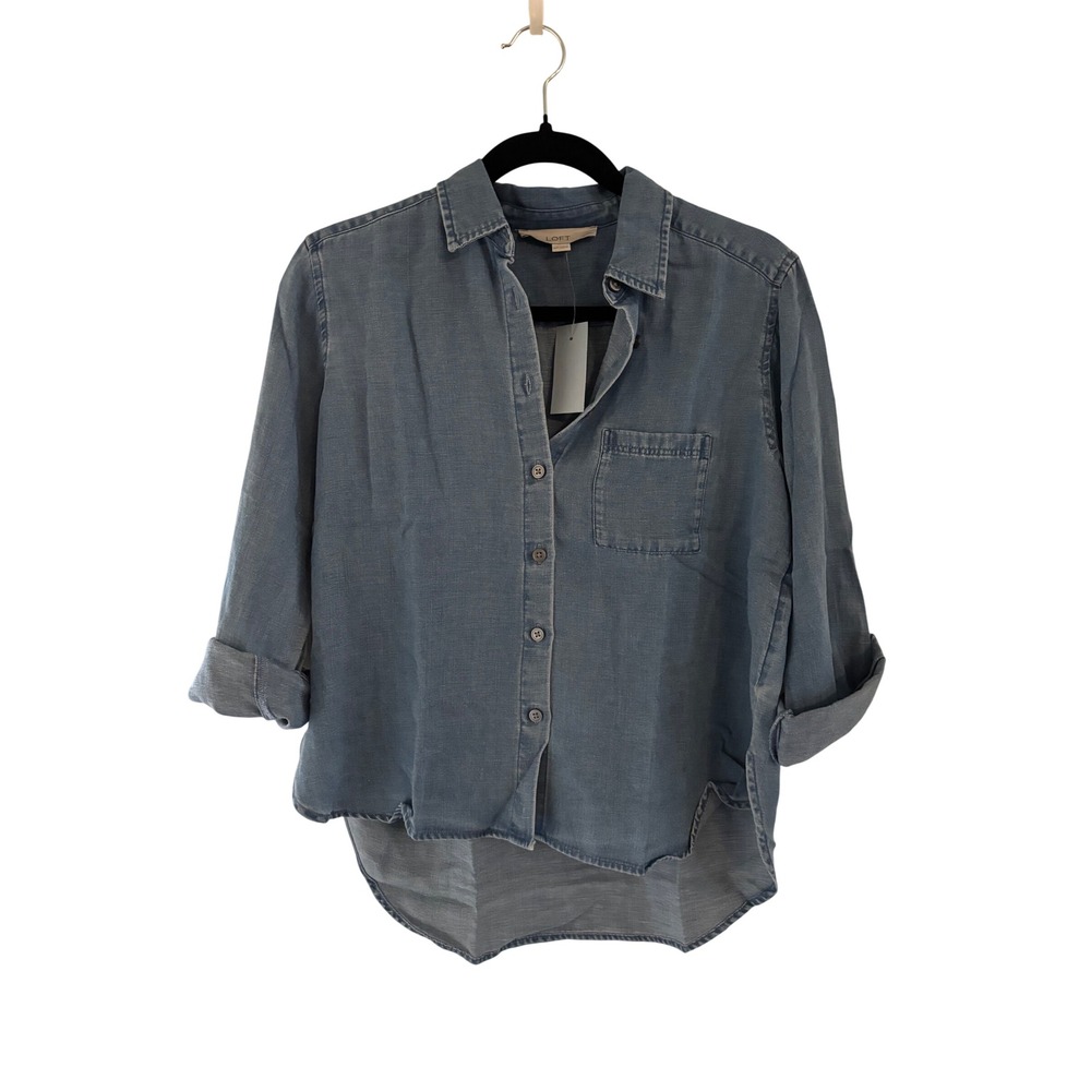 NWT LOFT Petites Blue Lyocell Linen Blend Button Down Shirt XSP